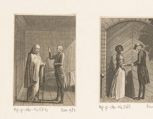 Yorick in gesprek met de franciscaner monnik by Daniel Nikolaus Chodowiecki, print, 1783