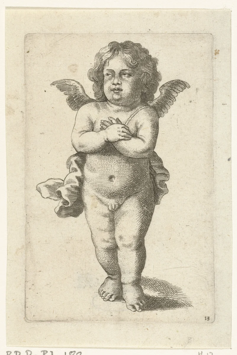 Staand engeltje met gekruiste armen by Pieter van Avont, print, 1630-1652