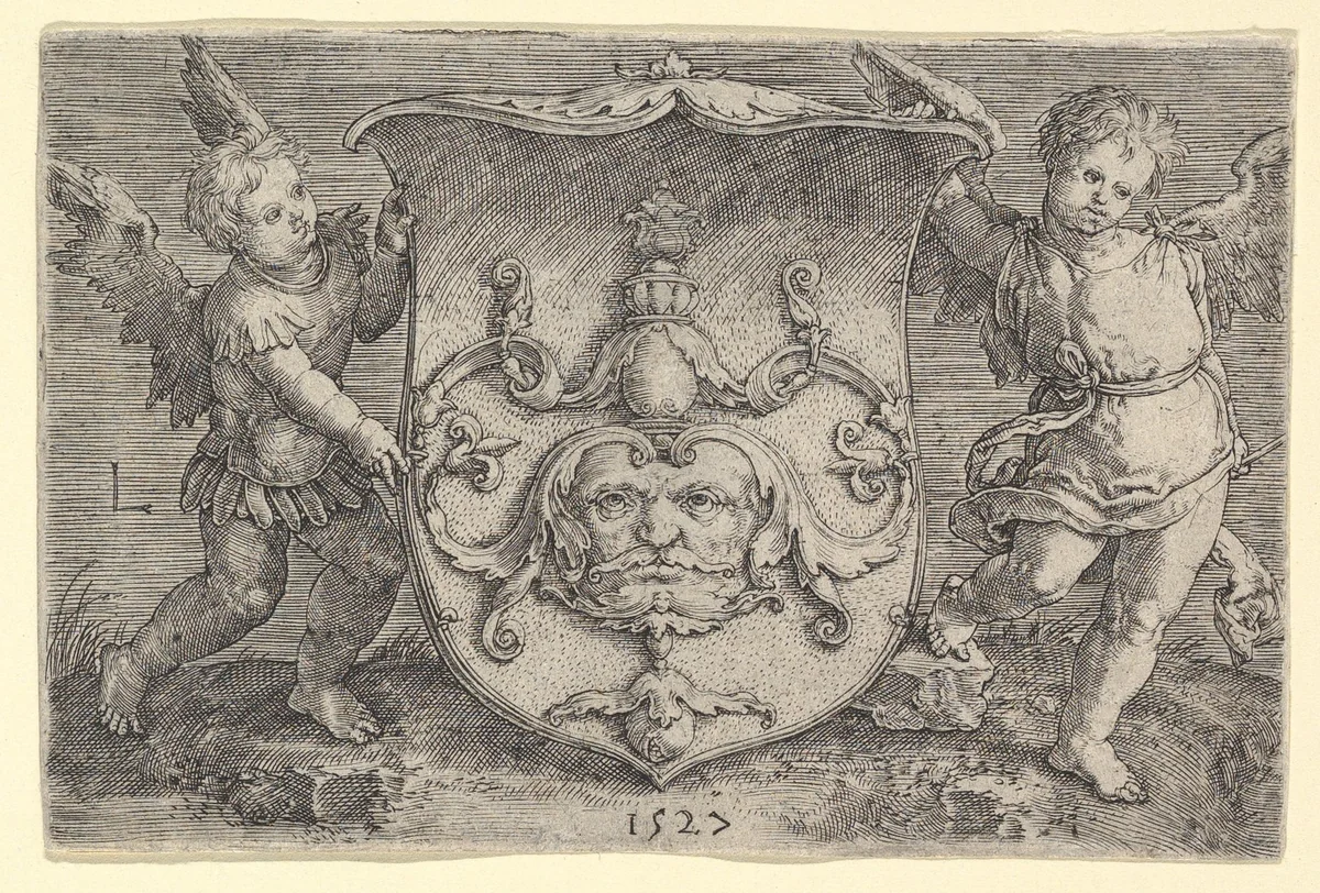 Coat of Arms with a Mask, Held by Two Genii by Lucas van Leyden, print, 1527
