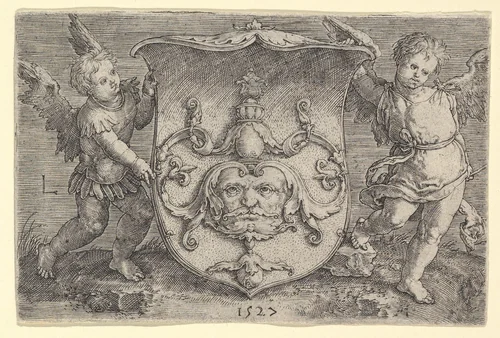 Coat of Arms with a Mask, Held by Two Genii by Lucas van Leyden, print, 1527