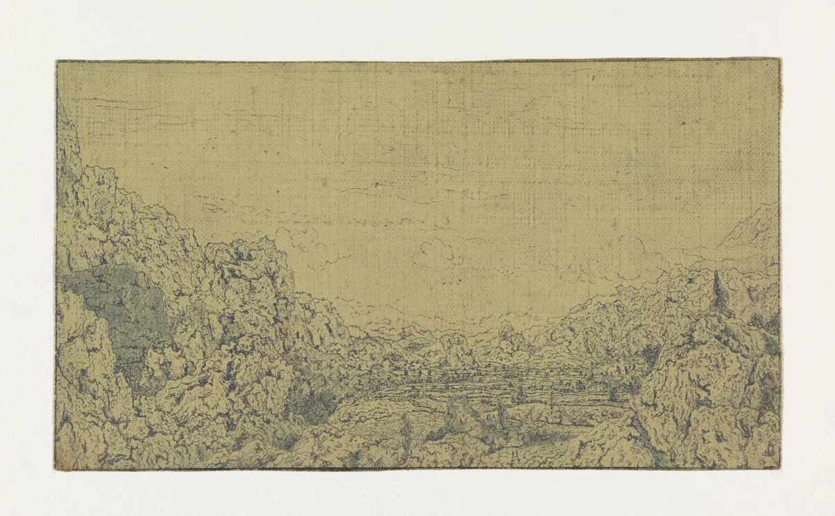 Dal omringd door bergen by Hercules Segers, print, 1625-1630