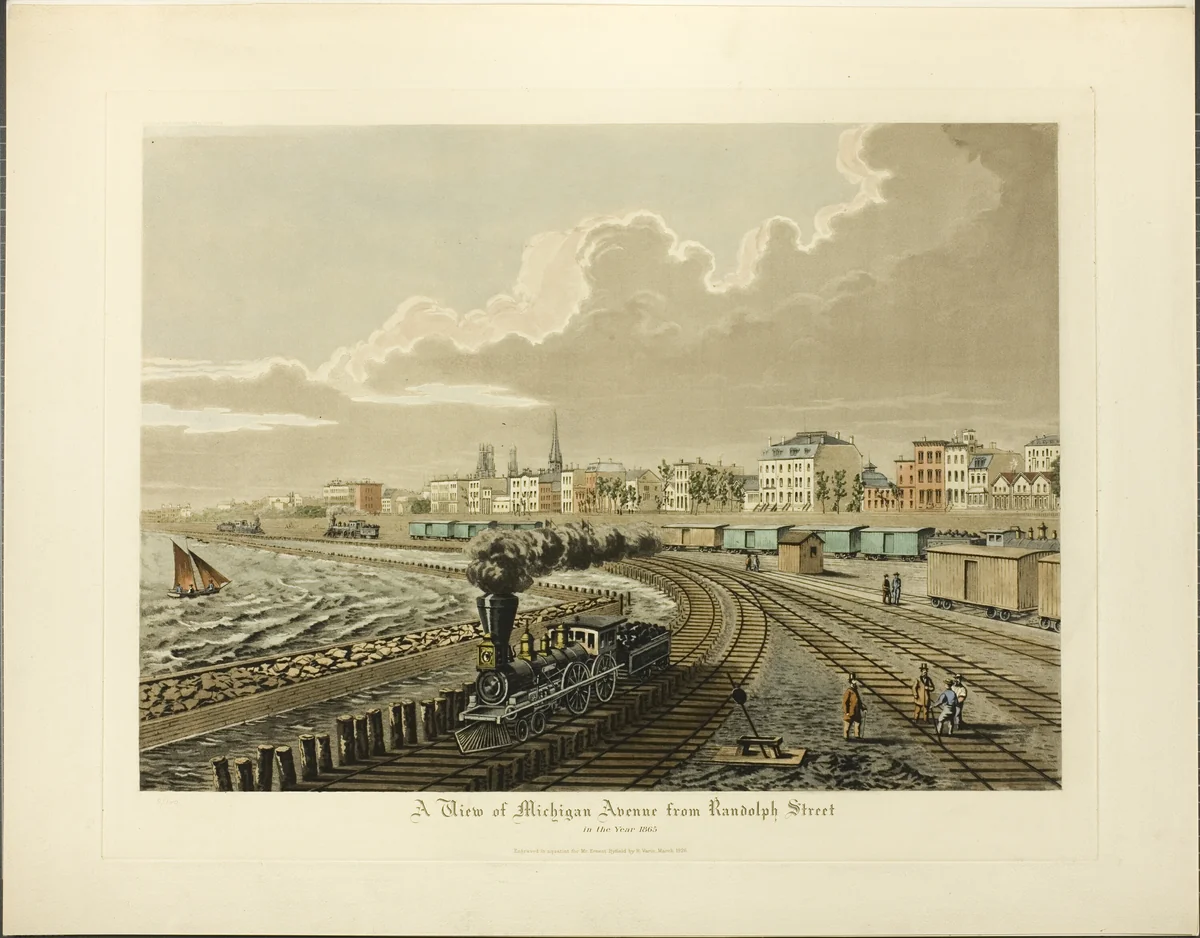A View of Michigan Avenue from Randolph Street in the Year 1865 by Raoul Varin, print, 1926