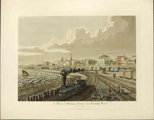A View of Michigan Avenue from Randolph Street in the Year 1865 by Raoul Varin, print, 1926