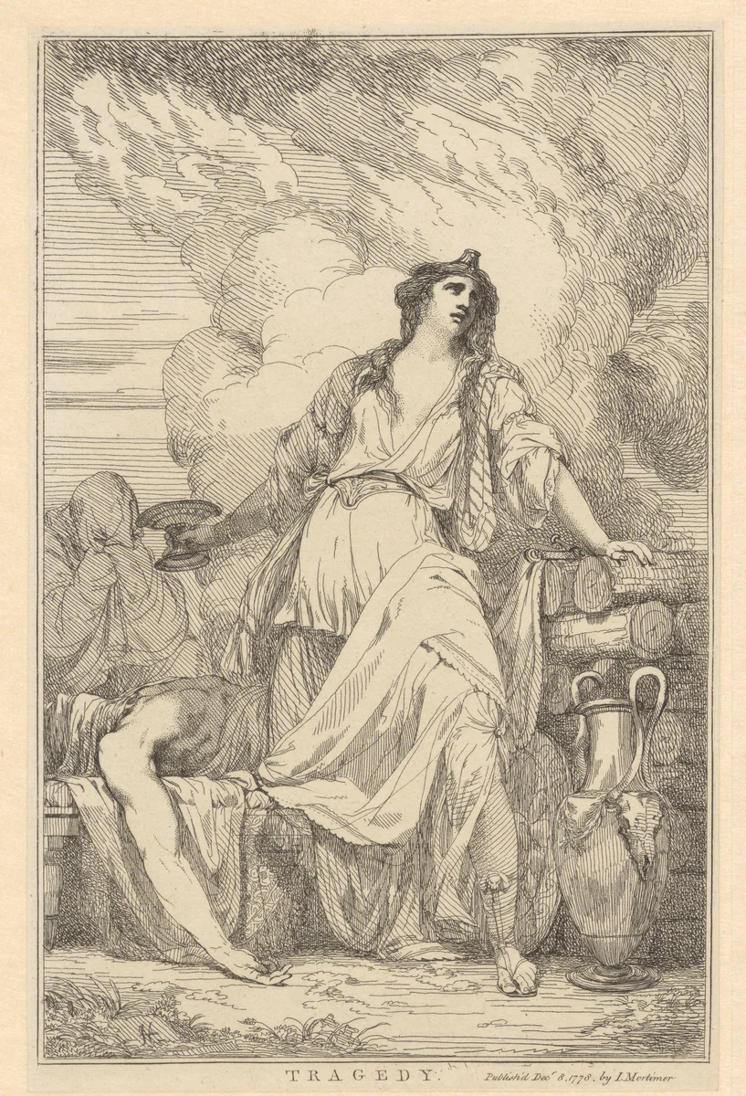 Vrouw met kelk in haar hand staat bij het lichaam van een man by John Hamilton Mortimer, print, 1778
