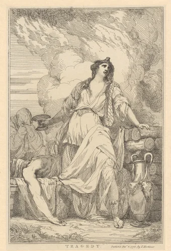 Vrouw met kelk in haar hand staat bij het lichaam van een man by John Hamilton Mortimer, print, 1778