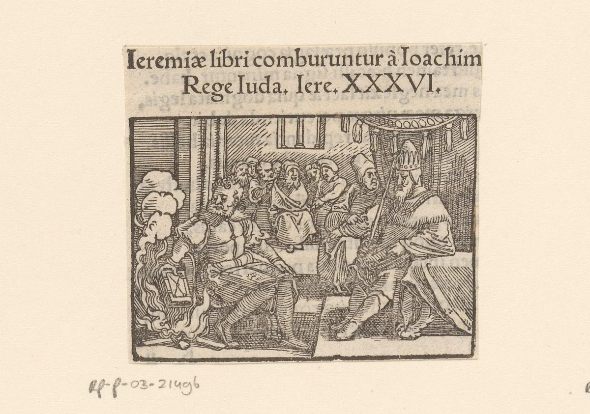 Jojakim verbrandt de boekrol van Jeremia by anonymous, print, 1530-1533
