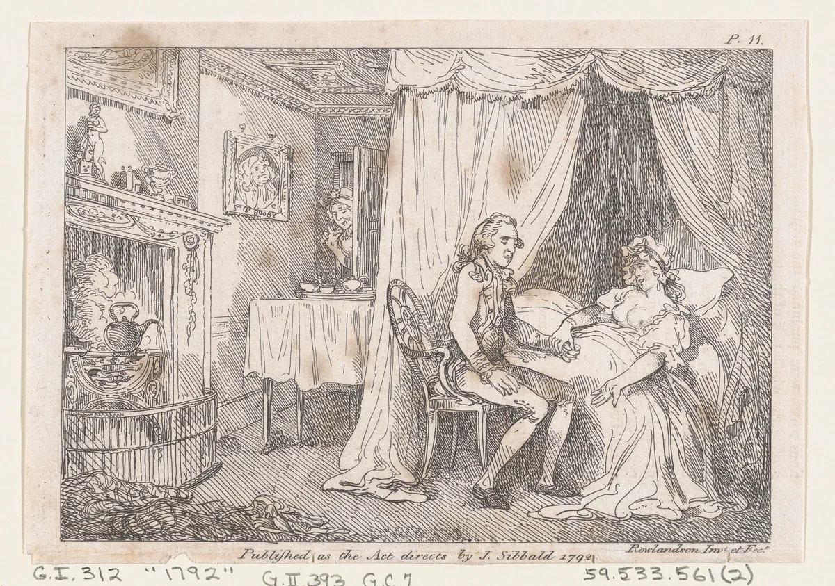 Lady Booby attempts to seduce the immaculate Joseph, from "The Adventures of Joseph Andrews, and His Friend Mr. Abraham Adams" by Thomas Rowlandson, print, 1792