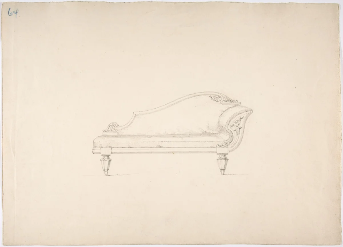 Design for a Sofa with One Wing-like Arm by anonymous, drawing, 1800-1850