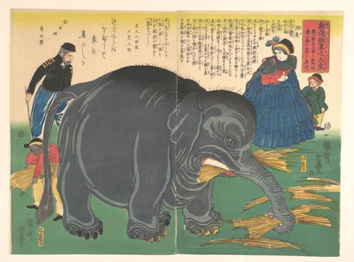 Newly Imported Great Elephant (Shinto hakurai no daizō) by Ichiryūsai Yoshitoyo, print, 1863