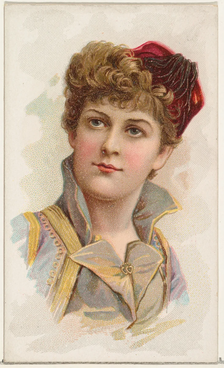 Actress wearing red fringed fez, from Stars of the Stage, First Series (N129) issued by W. Duke, Sons & Co. to promote Honest Long Cut Tobacco by W. Duke, Sons & Co., print, 1890