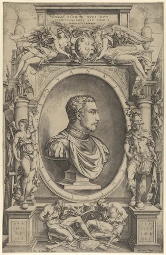 Portrait of Giovanni de' Medici facing right within an elaborate cartouche flanked by Victory at the left and Mars at right, winged figures holding Medici coat of arms top center by Enea Vico, print, 1550