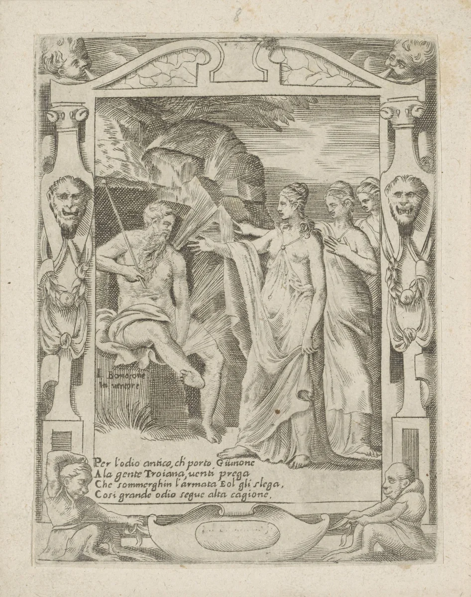 Juno vraagt Aeolus een storm op te wekken by Giulio Bonasone, print, 1501-1580