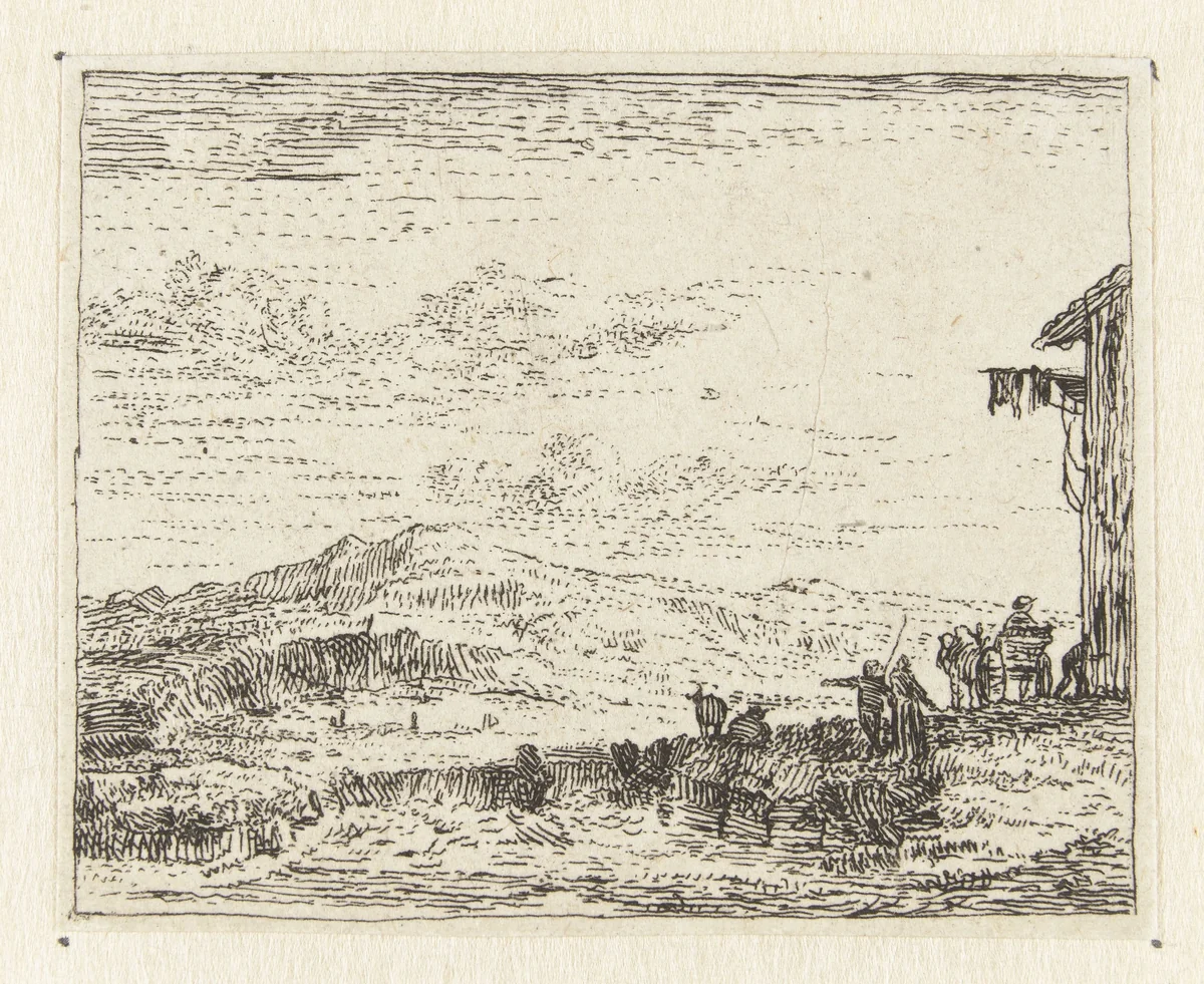 Italianiserend landschap met wagen bij  herberg by anonymous, print, 1652-1728