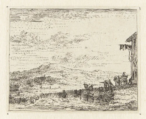 Italianiserend landschap met wagen bij  herberg by anonymous, print, 1652-1728