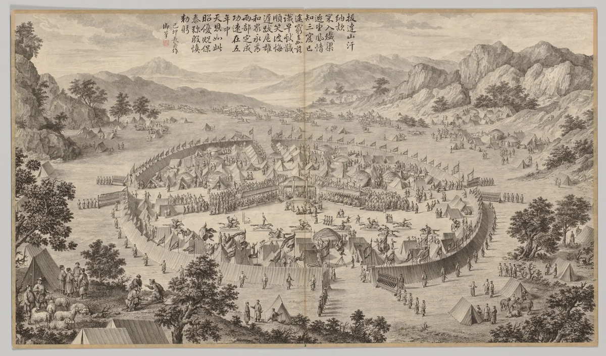 Khan of Bada Shan Presenting Tribute: from Battle Scenes of the Quelling of Rebellions in the Western Regions, with Imperial Poems by Jean Damascene Sallusti, print, 1759-1774