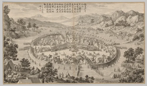 Khan of Bada Shan Presenting Tribute: from Battle Scenes of the Quelling of Rebellions in the Western Regions, with Imperial Poems by Jean Damascene Sallusti, print, 1759-1774