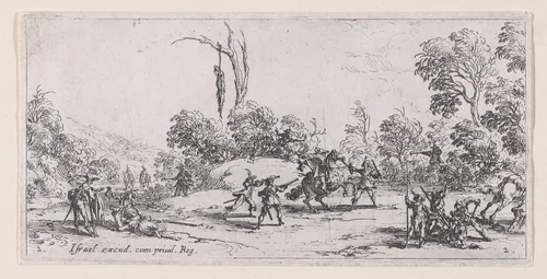L'Attaque sur la Route estampe appelée aussi Vol Sur Les Grands Chemins (Attack on Route, also called Theft on the Great Road), plate 2 from "Les Petites Misères de la Guerre" (The Little Miseries of War) by Jacques Callot, print, 1636