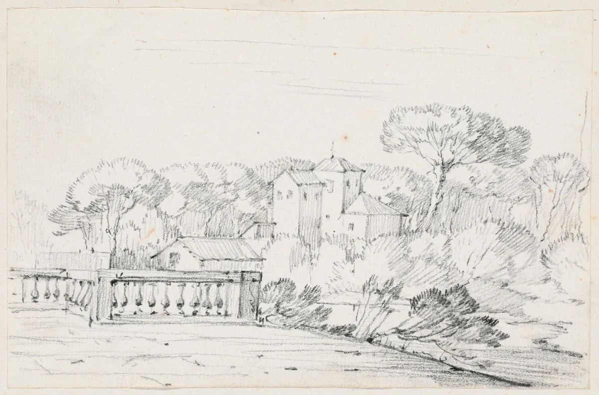 Terrace by a River with a Villa and Trees Beyond by Joseph-Marie Vien, drawing, 1744-1750