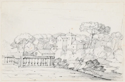 Terrace by a River with a Villa and Trees Beyond by Joseph-Marie Vien, drawing, 1744-1750