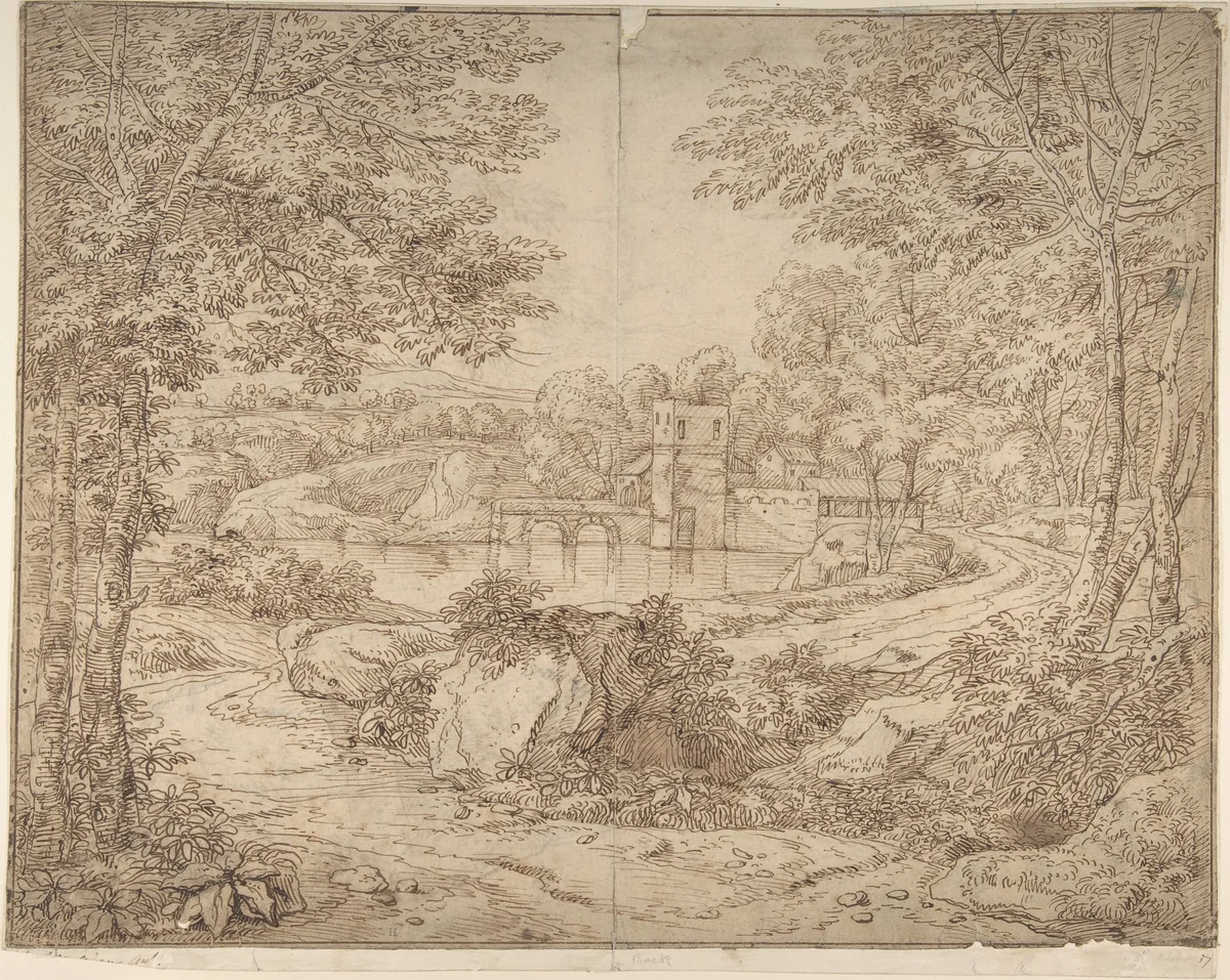 Ancient buildings next to water in the woods (recto); A variation of the same landscape in reverse (verso) by Robert Adam, drawing, 1740-1755