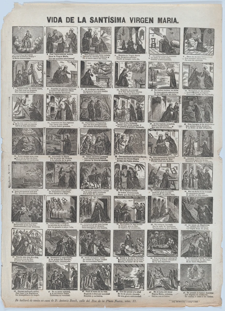 Broadside with 48 scenes of the life of the Virgin by José Noguera, print, 1868