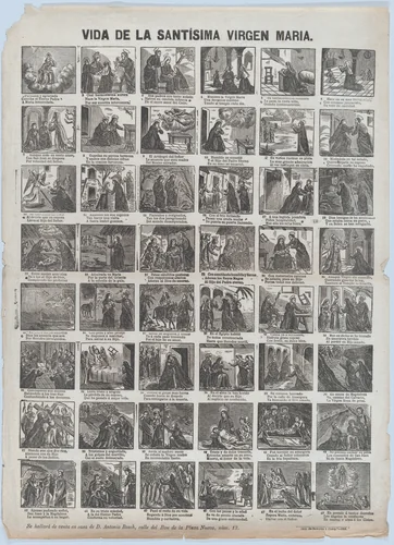 Broadside with 48 scenes of the life of the Virgin by José Noguera, print, 1868