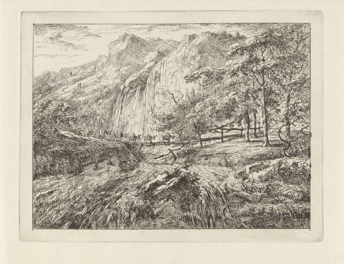Pakezels op een brug bij een waterval by Gerard van Nijmegen, print, 1794