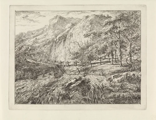 Pakezels op een brug bij een waterval by Gerard van Nijmegen, print, 1794
