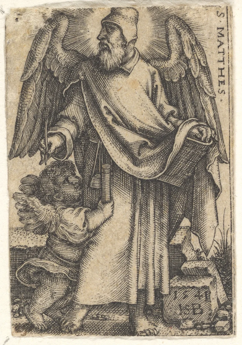 Saint Matthew with his head turned in profile to the left, a cherub at bottom left, plate 1 from "The Four Evangelists" by Sebald Beham, print, 1541
