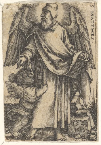 Saint Matthew with his head turned in profile to the left, a cherub at bottom left, plate 1 from "The Four Evangelists" by Sebald Beham, print, 1541