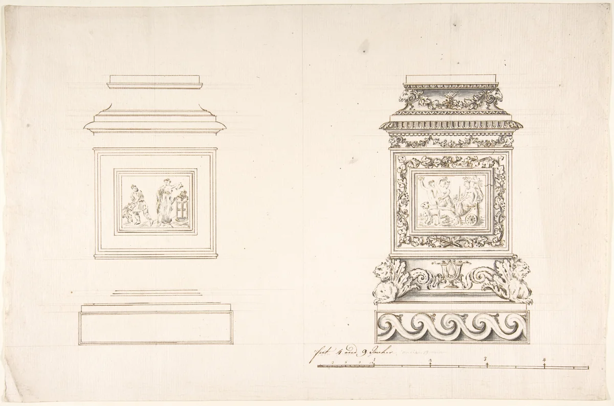 Two pedestals with classical scenes by anonymous, drawing, 1700-1800