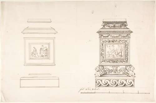 Two pedestals with classical scenes by anonymous, drawing, 1700-1800