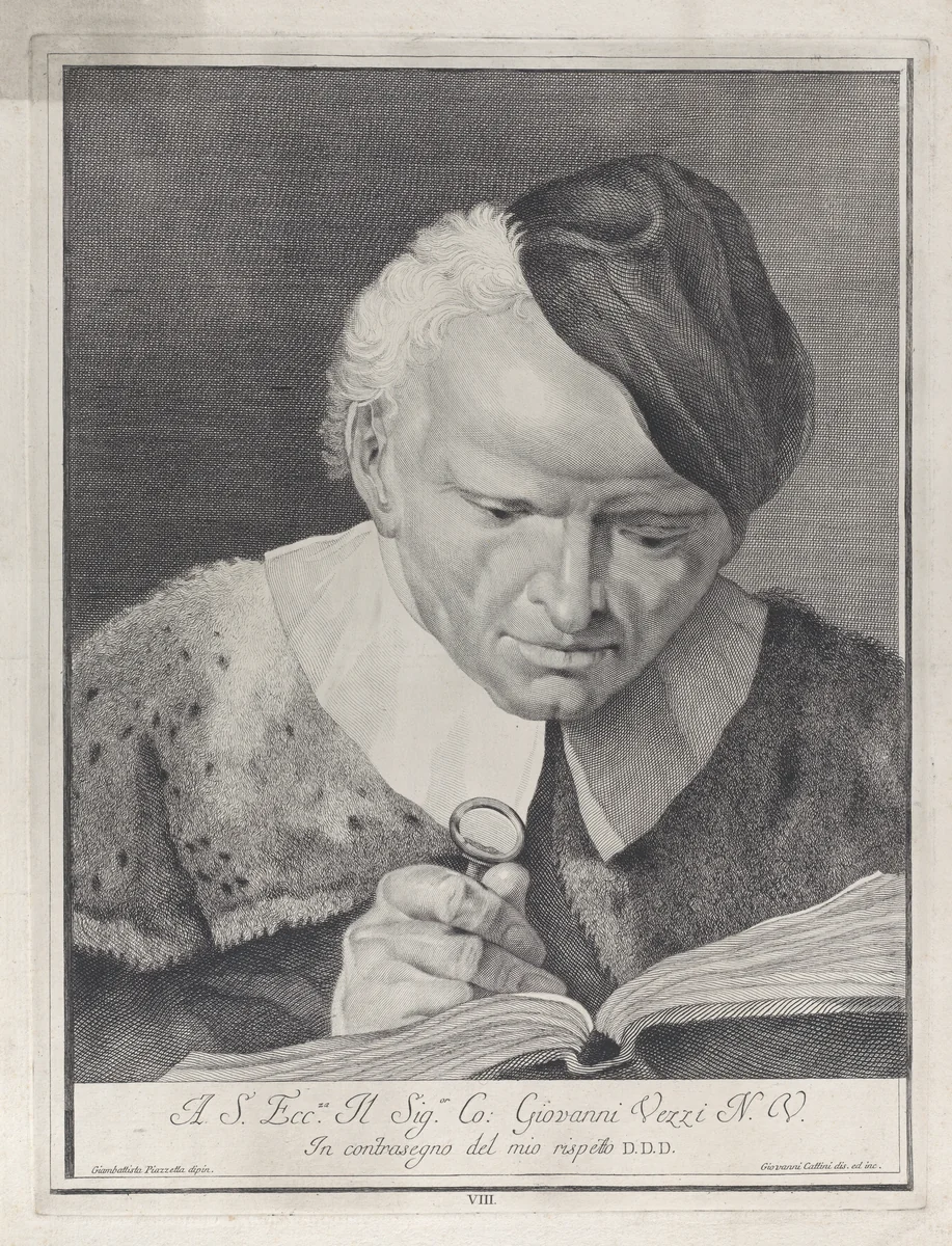 Plate 8: Man in a hat reading a book with a magnifying glass; from 'Icones ad vivum expressae' after Giovanni Battista Piazzetta by Giovanni Cattini, print, 1743