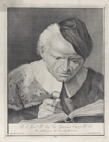 Plate 8: Man in a hat reading a book with a magnifying glass; from 'Icones ad vivum expressae' after Giovanni Battista Piazzetta by Giovanni Cattini, print, 1743