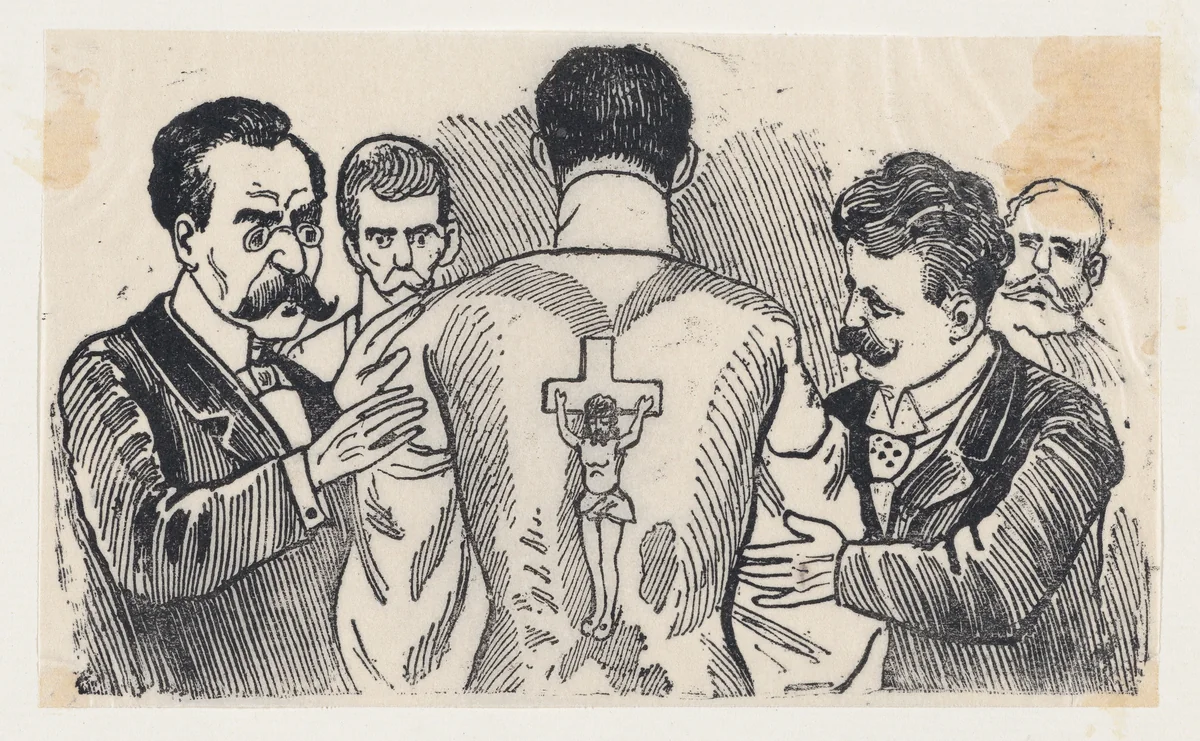 A group of men looking at a man's back with an image of the Crucifixion by José Guadalupe Posada, print, 1875-1885