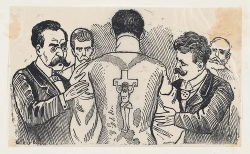 A group of men looking at a man's back with an image of the Crucifixion by José Guadalupe Posada, print, 1875-1885