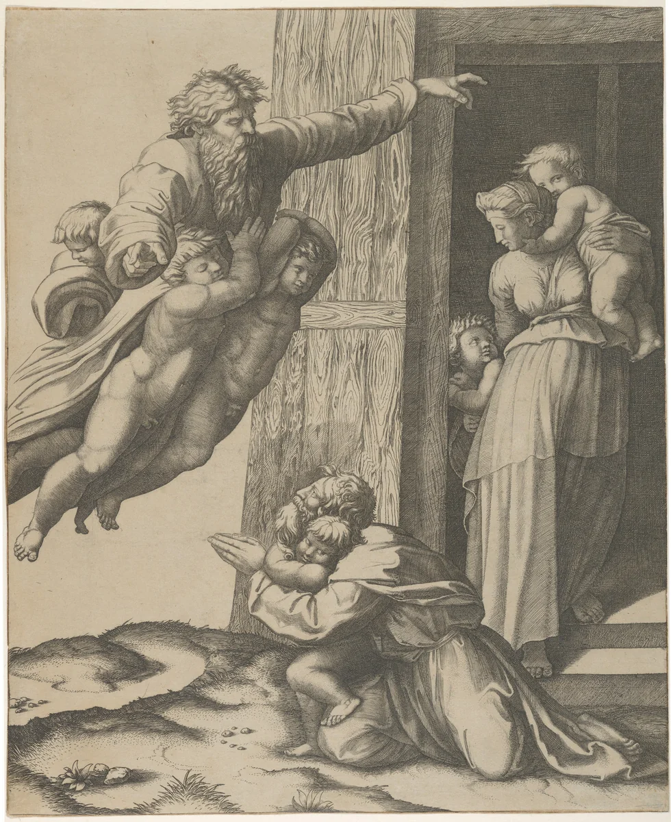God carried by angels, appearing to Noah and his family, after the Flood by Marcantonio Raimondi, print, 1508-1520