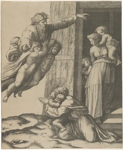 God carried by angels, appearing to Noah and his family, after the Flood by Marcantonio Raimondi, print, 1508-1520
