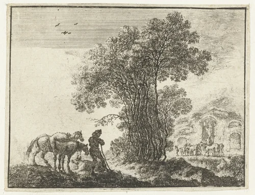 Landschap met een boer en twee paarden by Gilles Neyts, print, 1643-1681