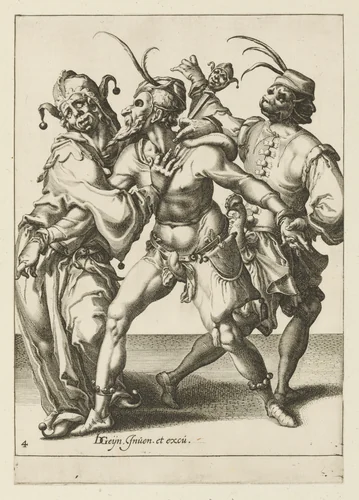 Three Dancing Mummers, Including a Jester, plate 4 from "The Masquerades" by Jacques de Gheyn II, print, 1595-1596