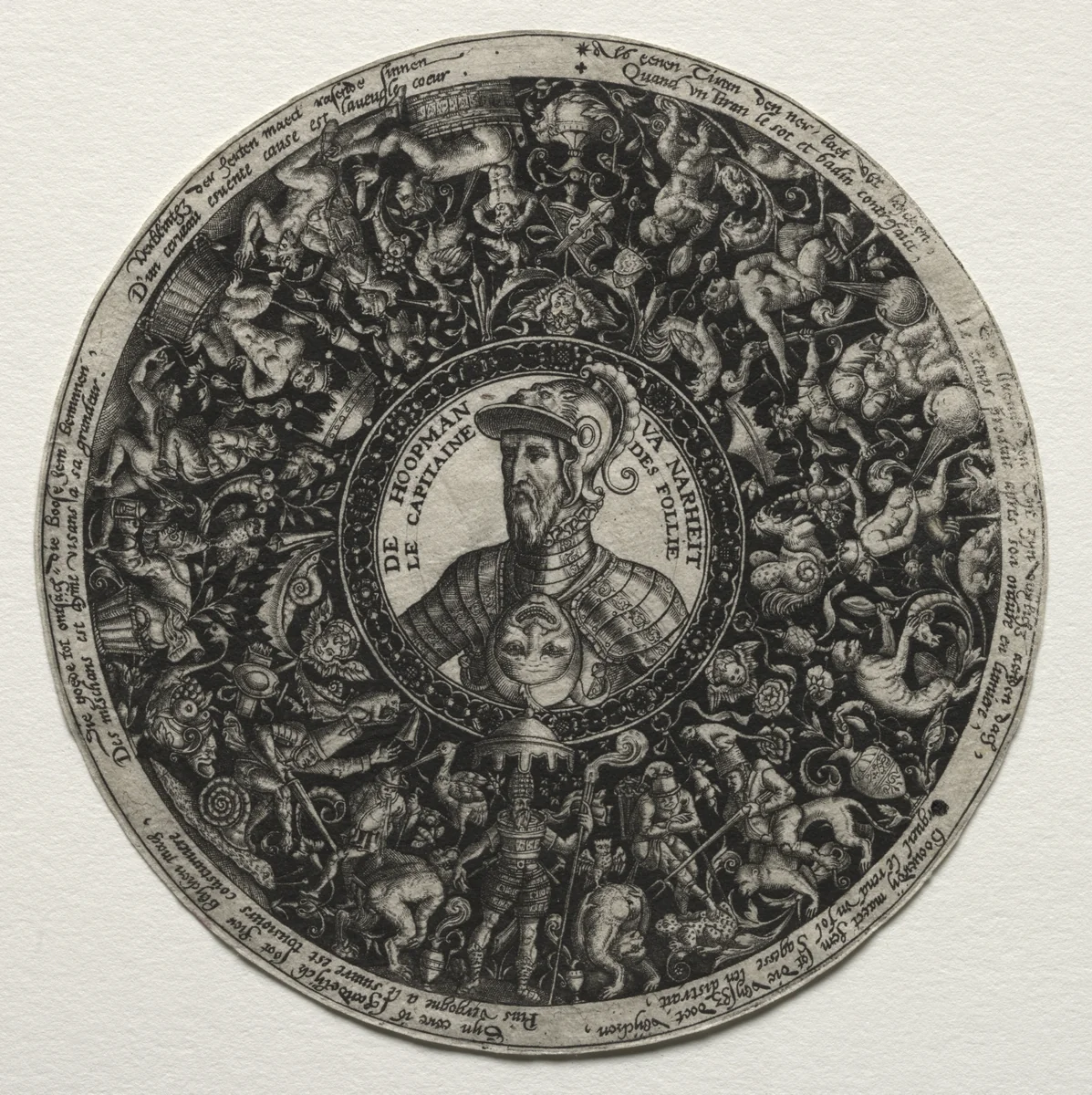 The Captain of Folly: Design for a Dish with Medallion by Theodor de Bry, print, 1572-1583