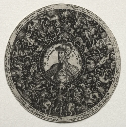 The Captain of Folly: Design for a Dish with Medallion by Theodor de Bry, print, 1572-1583
