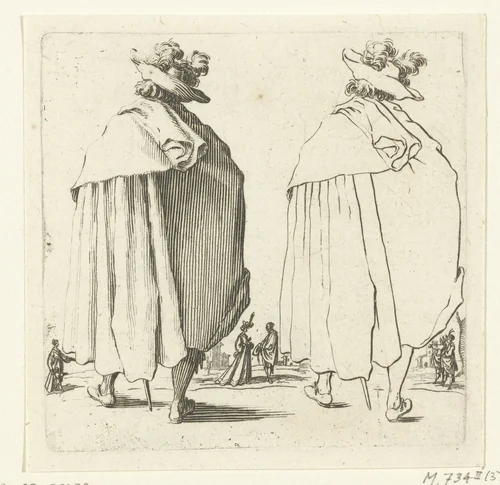 Tweemaal dezelfde soldaat met grote gepluimde hoed en mantel, op de rug gezien by Jacques Callot, print, 1621-1624