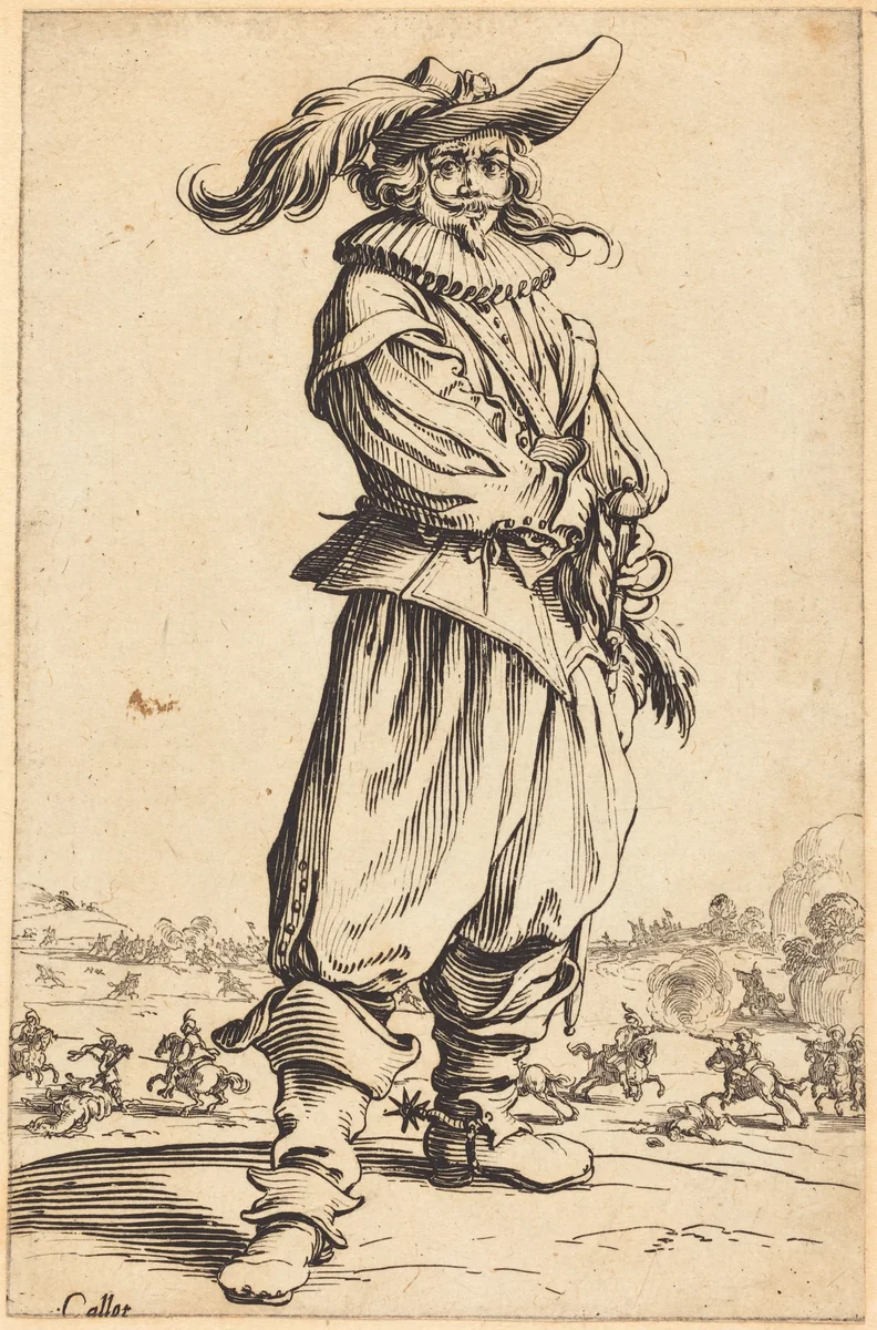Soldier with Feathered Hat by Jacques Callot, print, 1620-1623