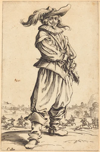 Soldier with Feathered Hat by Jacques Callot, print, 1620-1623