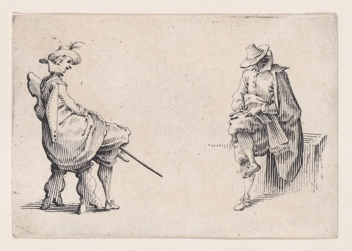 Deux Personnages Assis (Two Seated Figures), from "Les Caprices" Series A, The Florence Set by Jacques Callot, print, 1617