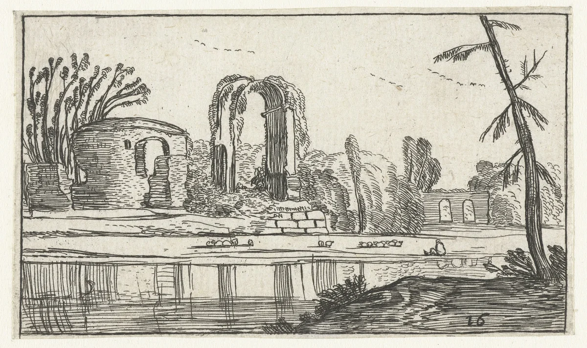 Antieke ruïnes bij een rivier by anonymous, print, 1610-1617