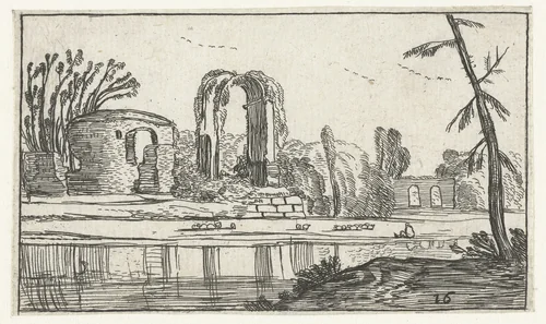 Antieke ruïnes bij een rivier by anonymous, print, 1610-1617