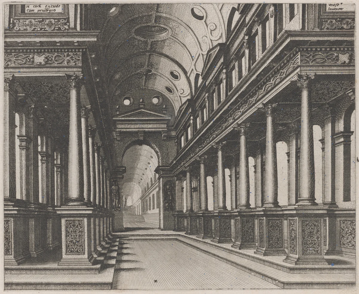 Interior of a Church with a Statue in the Far Background by Lucas van Doetechum
Johannes van Doetechum the Elder
Hans Vredeman de Vries
Hieronymus Cock, portfolio, 1560