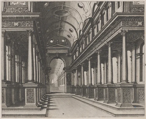 Interior of a Church with a Statue in the Far Background by Lucas van Doetechum
Johannes van Doetechum the Elder
Hans Vredeman de Vries
Hieronymus Cock, portfolio, 1560